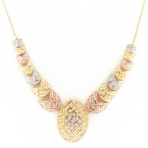 Front view of an 18-inch 22K tri-color gold statement necklace weighing 11.00 grams, featuring graduated yellow, rose, and white-tone geometric lattice motifs. A large oval centerpiece displays an intricate crisscross pattern with decorative floral-style details, creating an elaborate focal point.