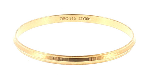22K yellow gold baby bangle with a smooth polished interior and reflective geometric-cut detailing along the outer surface. Multiple views showcase the slim circular profile, bright yellow gold finish, decorative faceted accents, and interior 916 gold hallmark.