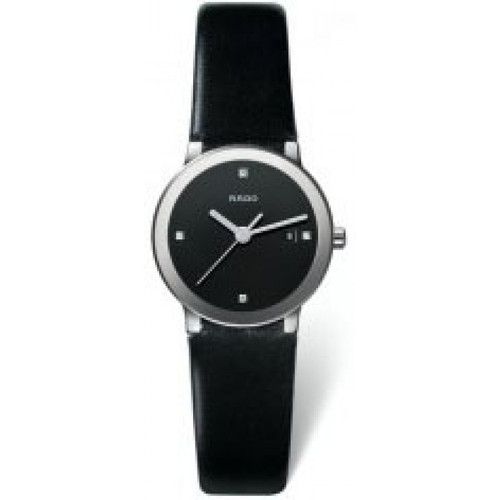 Rado Centrix Jubile watch R30928715 featuring a black dial with four diamond hour markers, stainless steel 28 mm case, Swiss quartz movement, scratch-resistant sapphire crystal, and black leather strap.