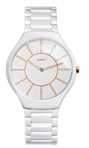 Rado True Thinline R27957702 white ceramic men’s watch front view, Rado True Thinline high tech white ceramic bracelet detail