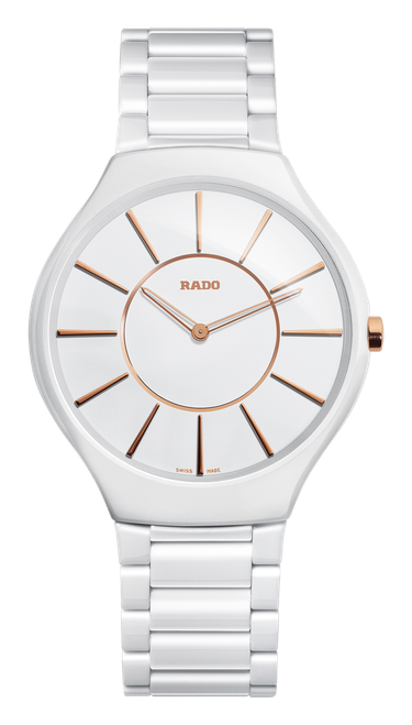 Rado True Thinline R27957102 white ceramic 38.5mm watch front view, Rado True Thinline high tech white ceramic bracelet detail