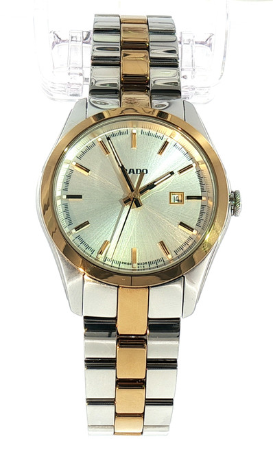Rado HyperChrome R32975102 women’s watch silver dial gold bezel stainless steel Ceramos bracelet front view