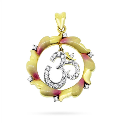Pink Minakari Style C.Z Stone OM Pendant - 22kt yellow gold 