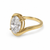 Side profile of oval lab grown diamond engagement ring, 2.96 ct E/VVS2, 18K yellow gold bypass shank, Karat 22