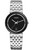 Front view of the Rado Florence R48912163 Swiss quartz watch featuring a 38mm round case, elegant black dial with sparkling diamond accents, silver-tone hands, geometric hour markers, and a date window at 6 o’clock. The black bezel creates a striking contrast with the polished stainless steel case and multi-link bracelet. Weighing approximately 119.7 grams, this sophisticated Rado Florence diamond watch combines classic Swiss styling with an elegant black-and-silver finish.
