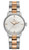 Front view of the Rado Coupole Classic Automatic R22862722 women’s watch featuring a polished round case, elegant silver-tone dial with sparkling diamond hour markers, rose gold-tone hands and Rado branding, and a two-tone stainless steel bracelet with rose gold-tone center links.
