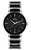 Front view of the Rado Centrix R30021152 featuring a 39.5 mm case, sleek black dial with silver-tone hands and hour markers, date display at 6 o’clock, and a polished silver-tone bracelet accented with distinctive black center links.