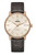 Front view of the Rado Coupole Automatic R22861115 featuring a 37.7 mm rose gold-tone case, textured silver sunray-style dial, slim rose gold-tone hands and hour markers, date display at 3 o’clock, Rado branding, and a dark brown crocodile-pattern leather strap.