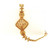 Detailed vertical view highlighting the intricate filigree-style centerpiece, granulated gold bead border, textured oval elements, and decorative chain accents.