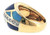 Angled view highlighting the wide domed yellow gold band, colorful geometric gemstone inlays, polished gold dividers, and 0.15 CT diamond accent row across the center.