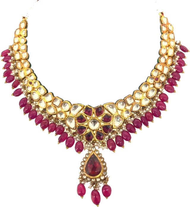 Kundan necklace set in 22K yellow gold with ruby-lite and pearl