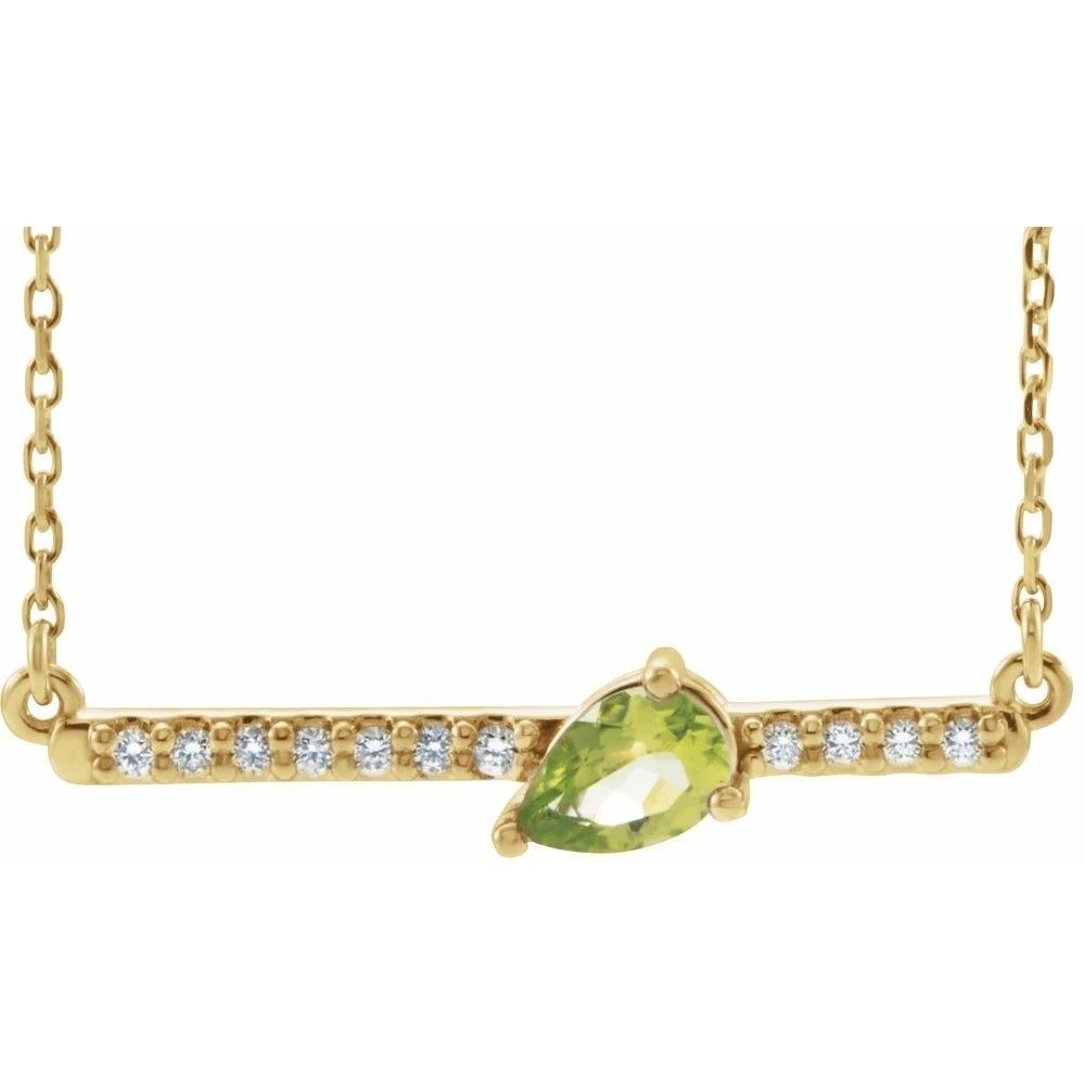 Pear-cut peridot and diamond bar necklace in 14K yellow gold