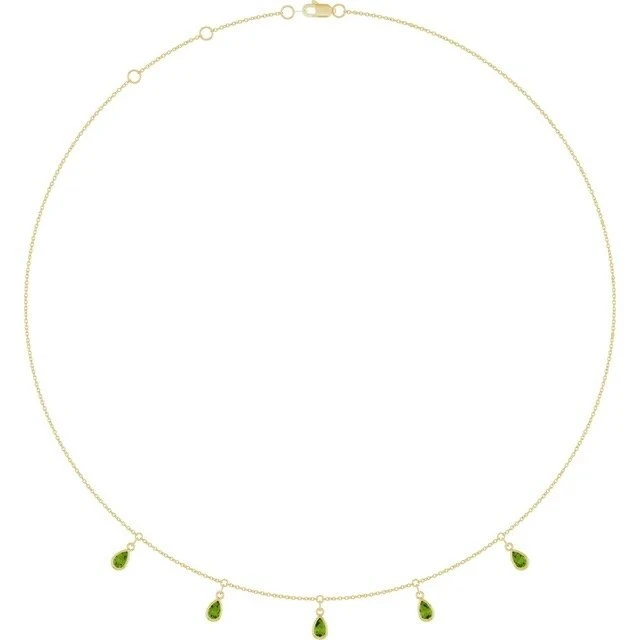 Multi-station peridot briolette necklace in 14K yellow gold, an August birthstone layering necklace