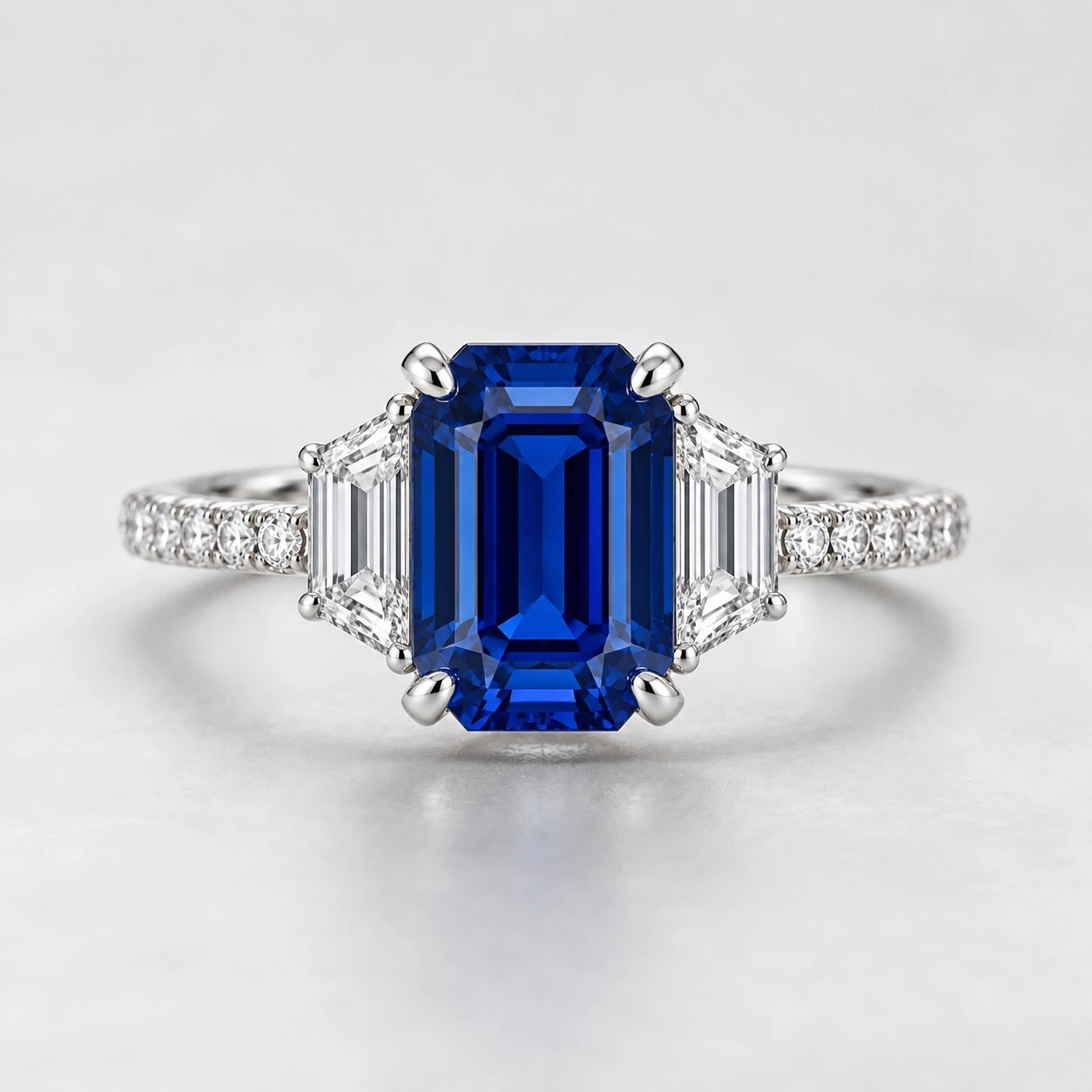 Emerald-cut blue sapphire engagement ring with step-cut trapezoid diamond side stones and a pave band