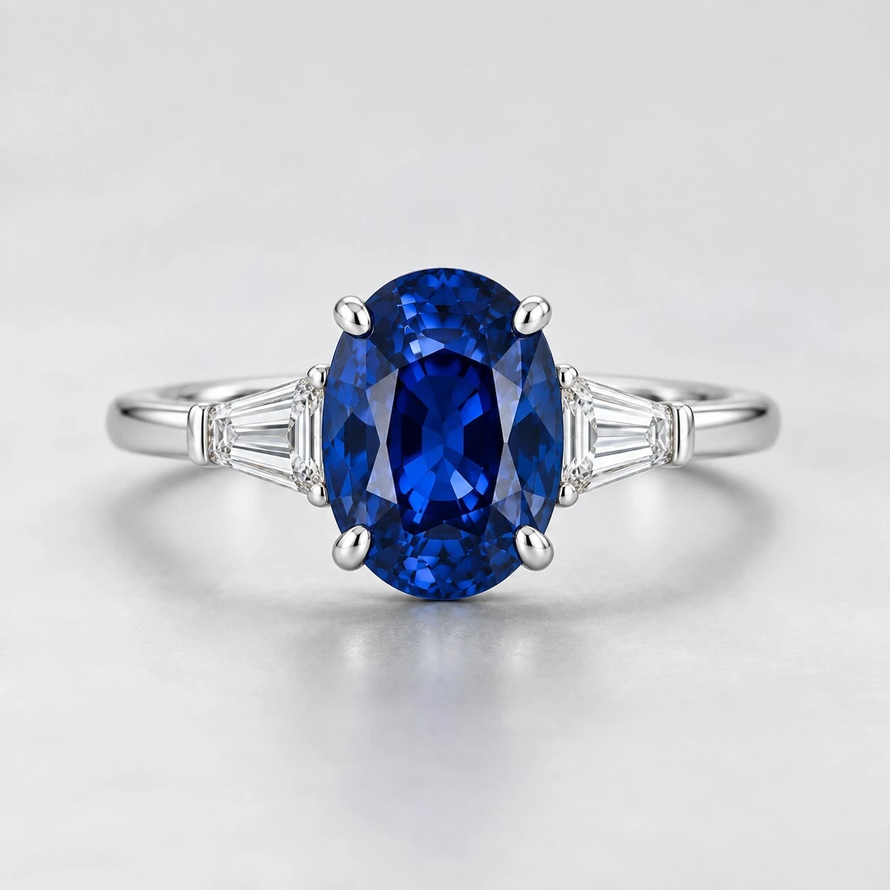 Oval blue sapphire engagement ring with tapered baguette diamond side stones on a polished shank