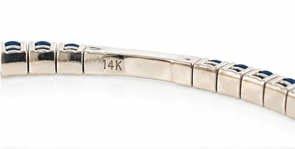 The 14K hallmark stamped on the clasp plate of a blue sapphire line bracelet