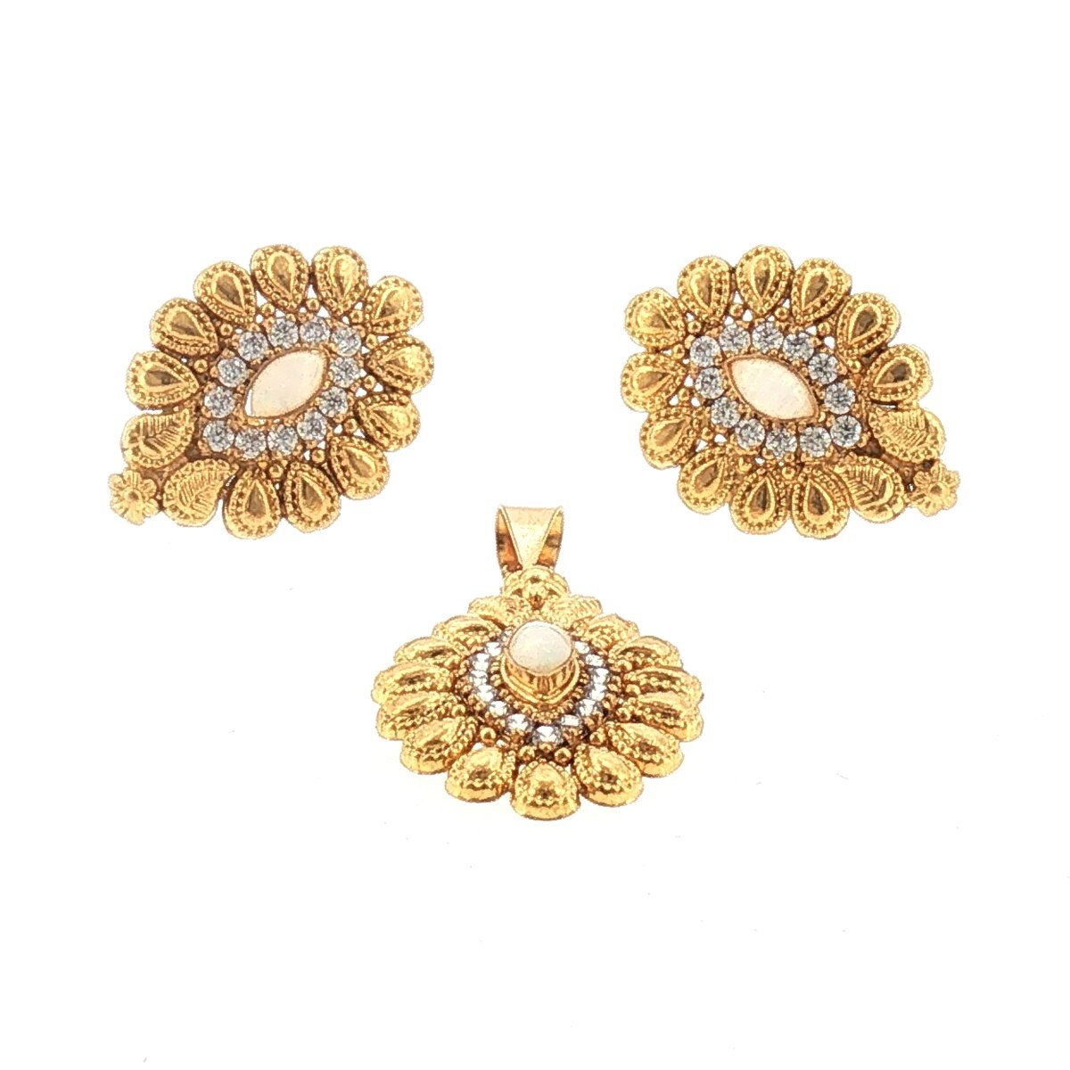 22K yellow gold floral opal stud earrings and matching pendant with oval opal centres and halos of white accent stones
