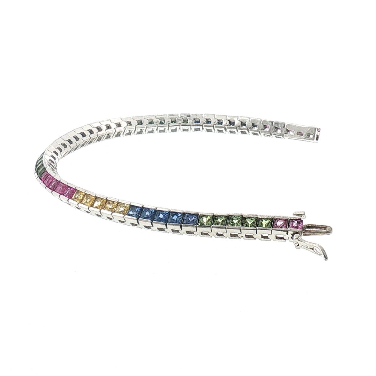 Multi-colour tourmaline tennis bracelet in 14K white gold with square-cut pink, blue, green and golden tourmalines
