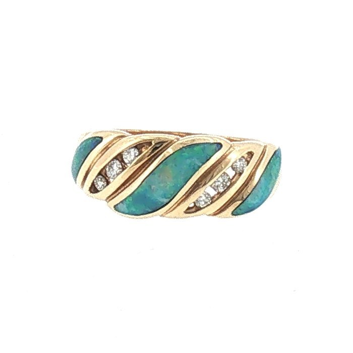 Kabana 14K yellow gold wide ring with three curved blue-green opal inlay sections and channel-set diamonds