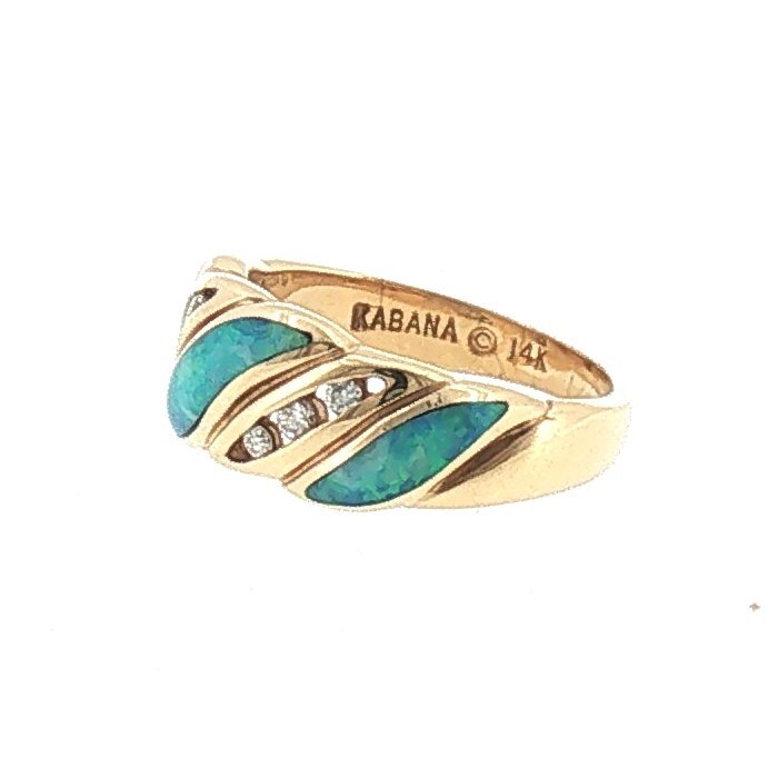 Kabana opal inlay ring in 14K yellow gold showing the Kabana and 14K hallmarks inside the band