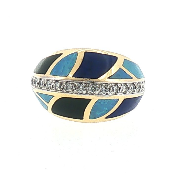 Asch Grossbardt 14K gold domed ring with a mosaic inlay of mother-of-pearl, black onyx, opal and lapis around a row of diamonds