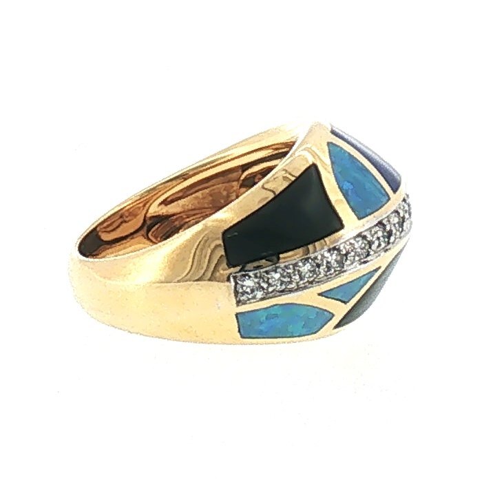 Asch Grossbardt multi-stone inlay ring in 14K gold, side view showing the onyx and opal mosaic and diamond row