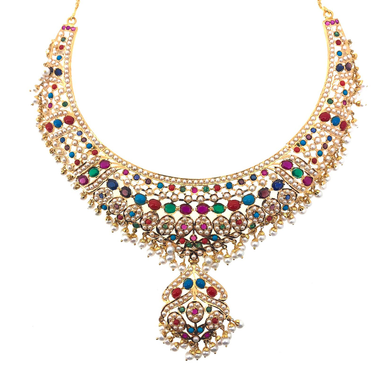 Navratna necklace set in 22K gold