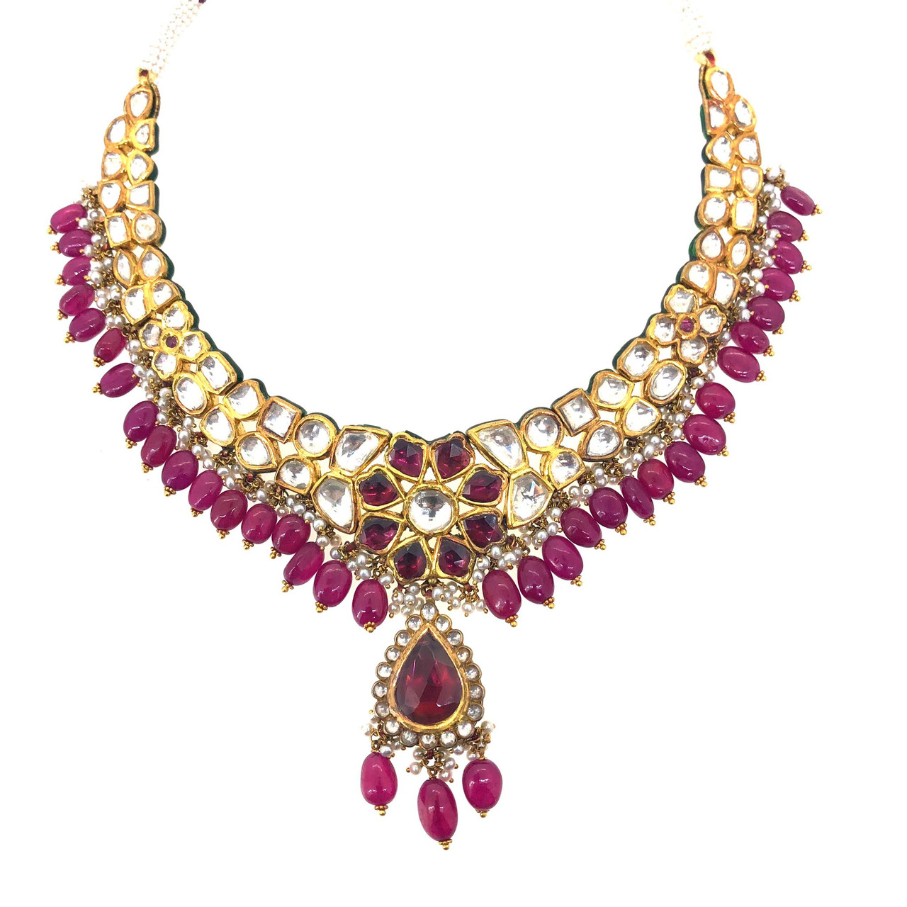 22K gold Kundan necklace set with ruby and pearl