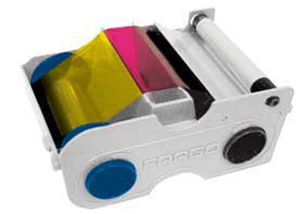 44239 Fargo YMCFKO Cartridge w/Cleaning Roller: Full-color ribbon w/ resin black fluorescing & clear overlay panel - 200 images