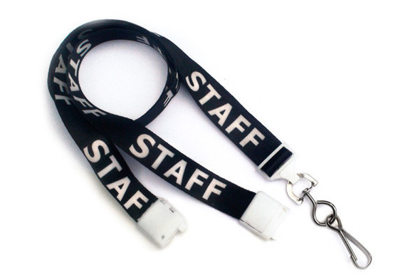 2138-5210 5/8" ultraweave Pre-Printed Lanyards - w/ break-away - Black w/ White "STAFF" Letters ( 100 pack )