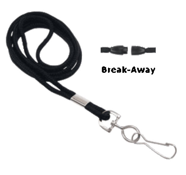 2137-2001 1/8" Round Braided Lanyard Badge Card Holder w/ Break-Away - Black - Swivel Hook