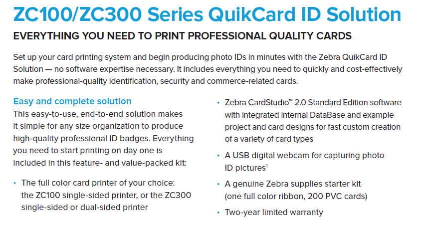 Zebra Zc100 Quickcard Bundle Zc11 0000q00us00 Single Sided Id Printer System