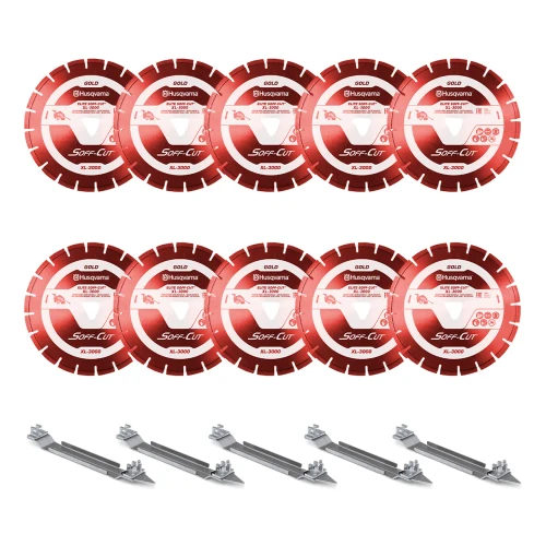Husqvarna Elite Soff Cut XL-3000, 10 inch, Red Early Entry Blades | Medium Hard Aggregate, 10 Pack + 5 Skid Plates