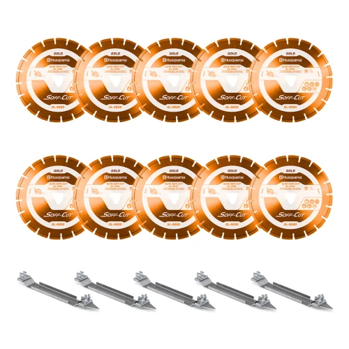 Husqvarna Elite Soff Cut XL-4000, 13.5 inch, Orange Early Entry Blades | Medium Hard Aggregate, 10 Pack + 5 Skid Plates