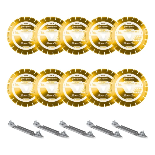 Husqvarna Elite Soff Cut XL-5000, 6 inch, Yellow Early Entry Blades | Medium Soft Aggregate, 10 Pack + 5 Skid Plates