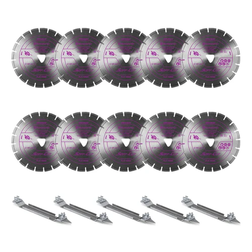 Husqvarna Tacti Soff Cut FLX-1000, 14 Inch, Purple Early Entry Blades | Very Hard Aggregate, 10 Pack + 5 Skid Plates