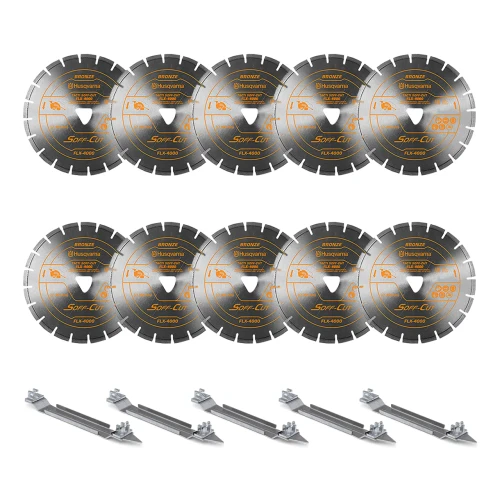 Husqvarna Tacti Soff Cut FLX-4000, 6 Inch, Orange Early Entry Blades | Medium Soft Aggregate, 10 Pack + 5 Skid Plates