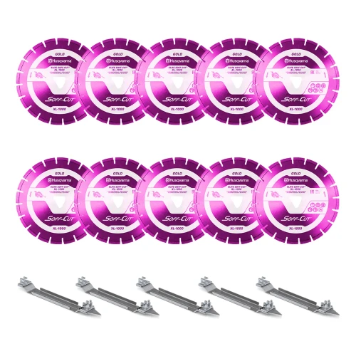 Husqvarna Elite Soff Cut XL-1000, 6.5 inch, Purple Early Entry Blades | Very Hard Aggregate, 10 Pack + 5 Skid Plates