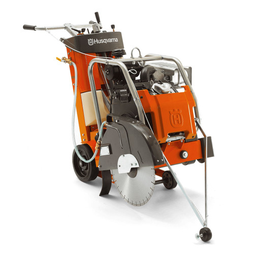 Husqvarna SFS513 Self Propelled Concrete Saw, left 45 degree angle, with diamond blade