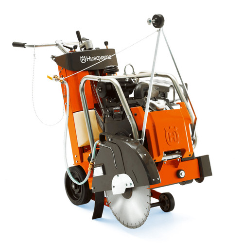 Husqvarna FS520 Self Propelled Concrete Saw, left 45 degree angle, with diamond blade