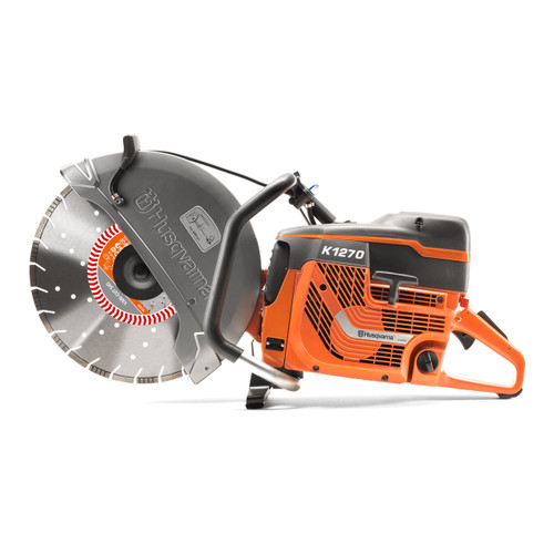 Husqvarna K1270 Concrete Power Cutter Saw, hand held, right side view, with diamond blade