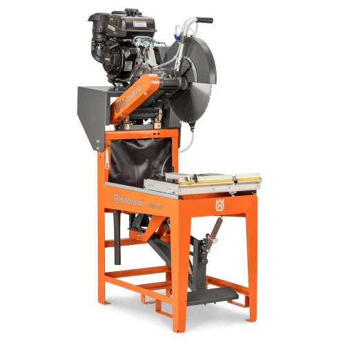 Husqvarna MS 610 Masonry Saw, table saw, left 45 degree angle view, with diamond blade