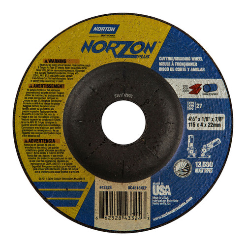 Norton NorZon Plus SGZ CA 4 1/2 inch Type 27 Stainless Steel/Metal