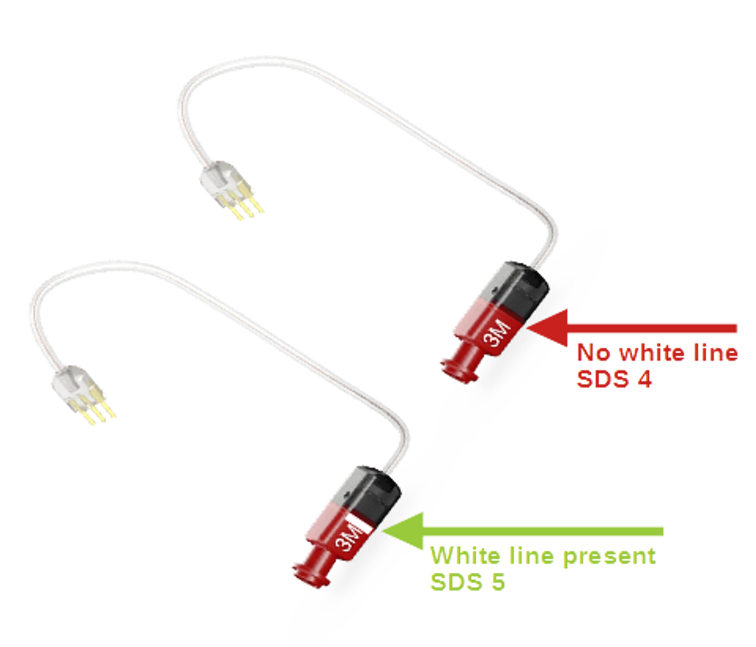 Comparison between SDS 4.0 and SDS 5.0 receiver wires, if a white line is present on the receiver wire it is a SDS 5.0