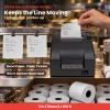 Epson TM-U220 kitchen printer printing a bond paper ticket, with tickets on the rail and a case of 3 in x 165 ft rolls