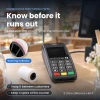 Ingenico Desk 3500 on a bakery counter with a thermal paper roll and a close up of the warning indicator