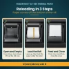 Three steps to load Veeder Root TLS-450 thermal paper: open the cover and empty the tray, load the roll, feed and close