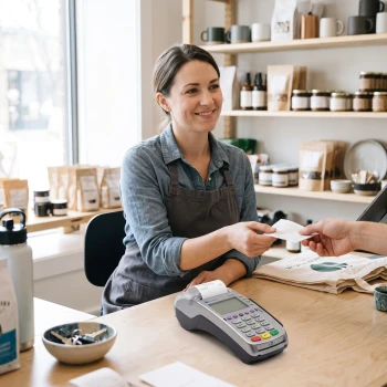 VeriFone VX520 terminal printing receipt at retail checkout counter