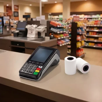Ingenico Move 3500 terminal with thermal paper rolls on retail counter