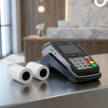 Ingenico Move 2500 terminal in charging cradle beside 58mm thermal receipt paper rolls